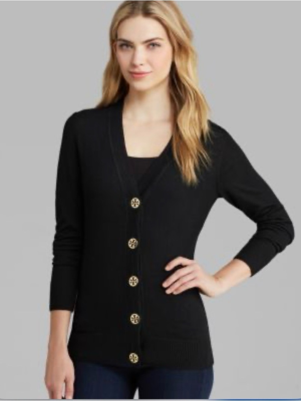 Tory Burch Black V-Neck Button Cardigan with Gold-Tone Buttons